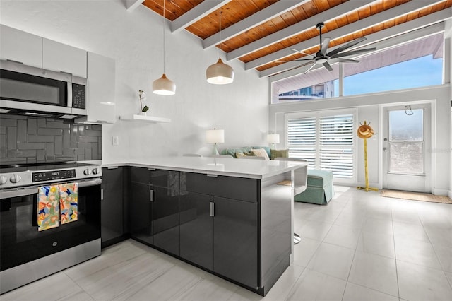 kitchen with stainless steel appliances, hanging light fixtures, a peninsula, and modern cabinets