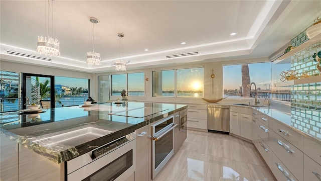 kitchen featuring appliances with stainless steel finishes, a tray ceiling, white cabinetry, and a sink