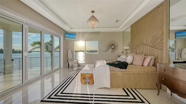 bedroom with a chandelier, visible vents, marble finish floor, access to outside, and a raised ceiling