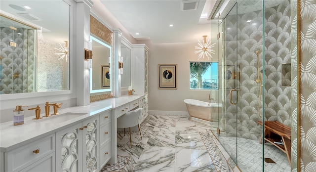 bathroom with a stall shower, visible vents, marble finish floor, a freestanding bath, and vanity