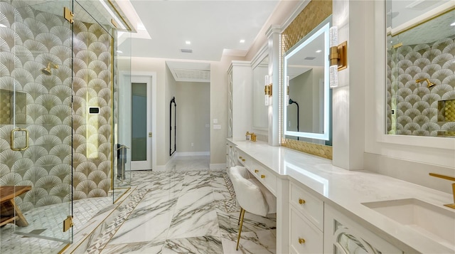 bathroom featuring baseboards, visible vents, marble finish floor, an enclosed shower, and vanity