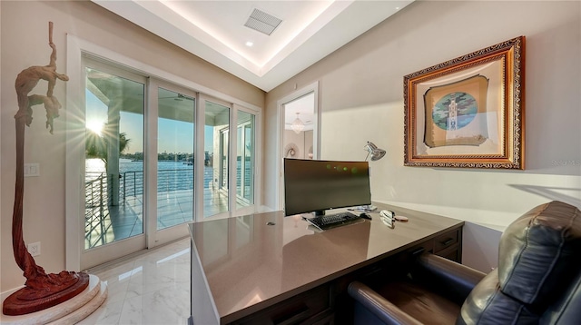 office with marble finish floor and visible vents