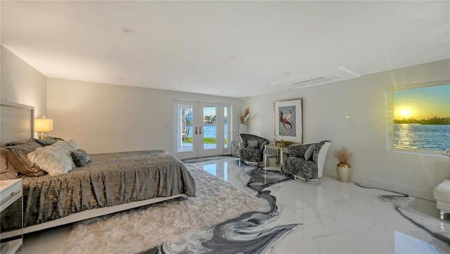 bedroom featuring access to outside, marble finish floor, and french doors