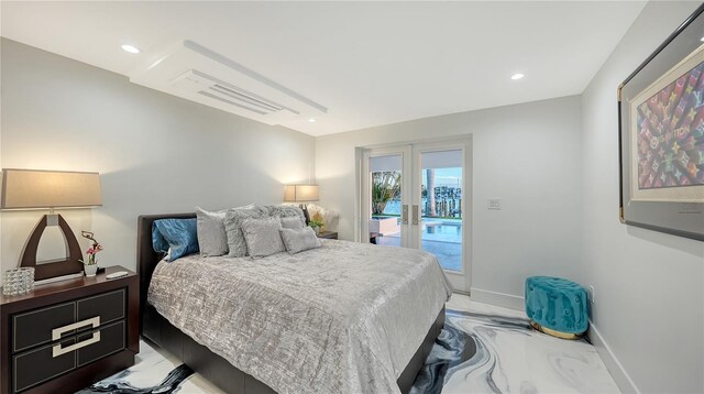 bedroom with access to outside, french doors, baseboards, and recessed lighting