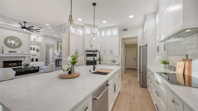 kitchen with wall chimney exhaust hood, a premium fireplace, stainless steel appliances, white cabinetry, and a sink