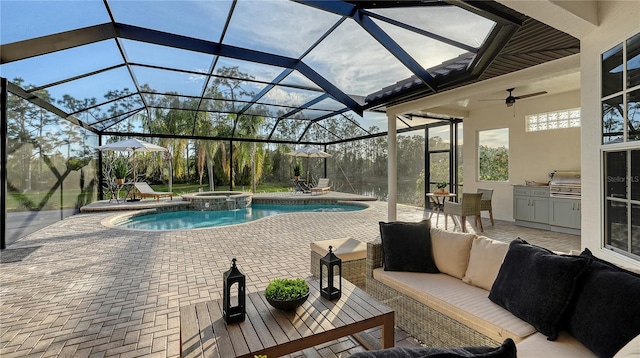 view of pool with an outdoor hangout area, a patio, grilling area, and a pool with connected hot tub