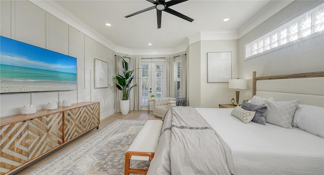 bedroom featuring ornamental molding, access to outside, light wood-style floors, and recessed lighting