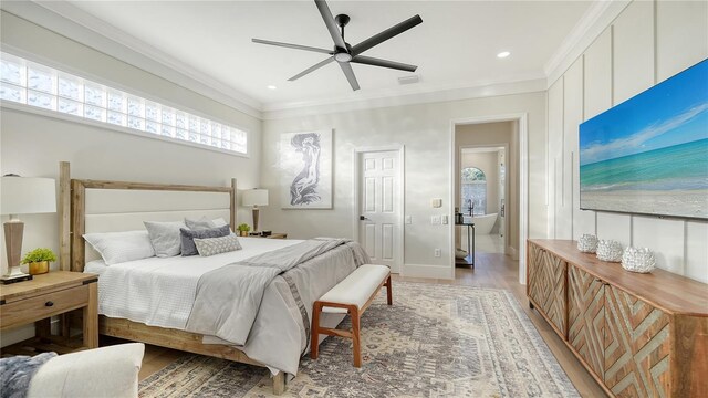 bedroom featuring recessed lighting, visible vents, light wood-style flooring, ornamental molding, and baseboards