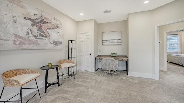 carpeted office with recessed lighting, visible vents, and baseboards