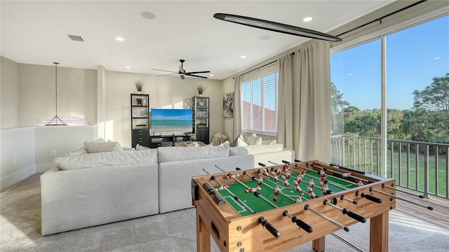 game room featuring carpet floors, recessed lighting, visible vents, and a ceiling fan