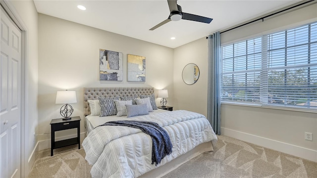 carpeted bedroom featuring recessed lighting, a closet, ceiling fan, and baseboards