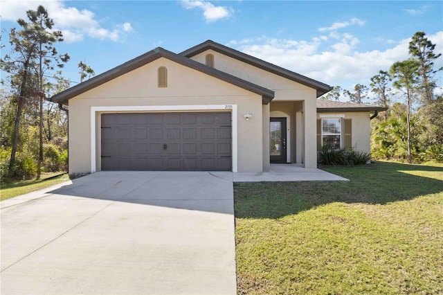 single story home with an attached garage, driveway, a front yard, and stucco siding