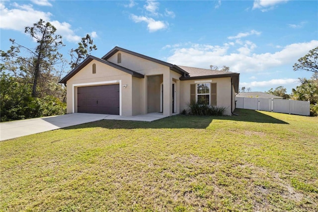 single story home featuring concrete driveway, an attached garage, fence, and stucco siding