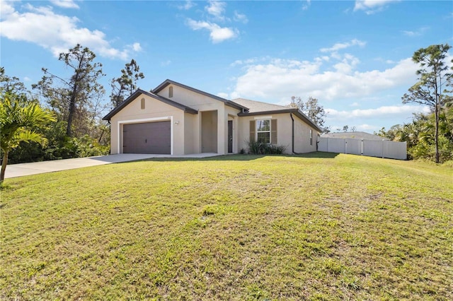 view of front facade featuring a garage, fence, concrete driveway, stucco siding, and a front lawn