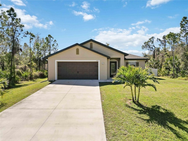 single story home featuring a garage, stucco siding, concrete driveway, and a front yard