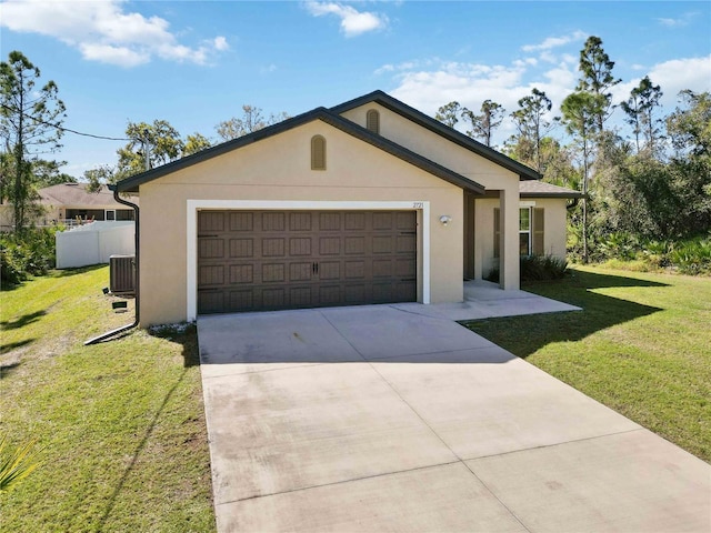 ranch-style home with central AC unit, fence, driveway, stucco siding, and a front lawn