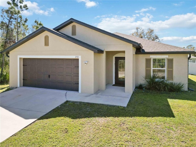 single story home featuring roof with shingles, stucco siding, a garage, driveway, and a front lawn