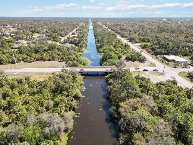 drone / aerial view featuring a forest view and a water view