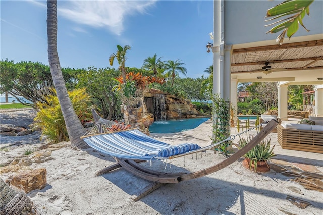 3935 N Shell Rd, Sarasota, FL 34242 - view of patio with a ceiling fan and an outdoor pool