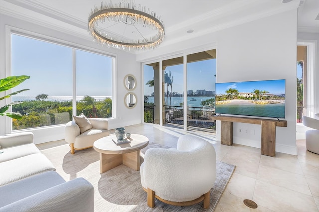 3935 N Shell Rd, Sarasota, FL 34242 - living area with ornamental molding, light tile patterned flooring, and a chandelier