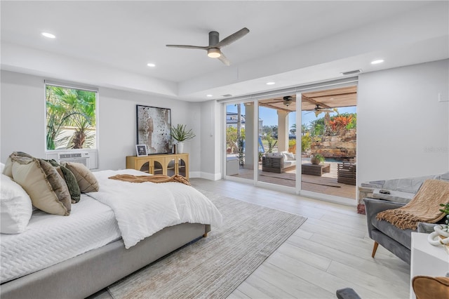 3935 N Shell Rd, Sarasota, FL 34242 - bedroom featuring access to outside, multiple windows, recessed lighting, a ceiling fan, and light wood finished floors