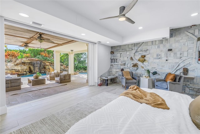 3935 N Shell Rd, Sarasota, FL 34242 - bedroom featuring access to exterior, recessed lighting, wood finished floors, and ceiling fan