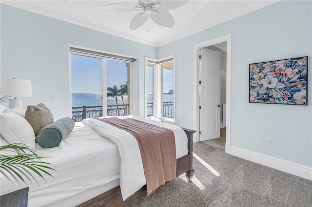 3935 N Shell Rd, Sarasota, FL 34242 - carpeted bedroom with a water view, access to exterior, ornamental molding, and a ceiling fan
