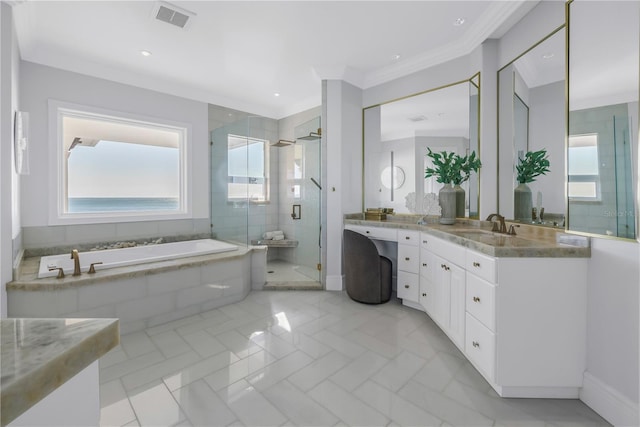3935 N Shell Rd, Sarasota, FL 34242 - full bathroom featuring a stall shower, a bath, vanity, ornamental molding, and recessed lighting