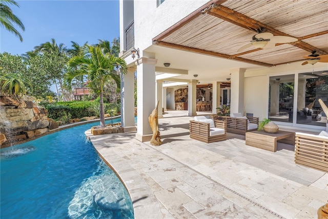 3935 N Shell Rd, Sarasota, FL 34242 - view of patio / terrace featuring a ceiling fan, an outdoor pool, and an outdoor hangout area