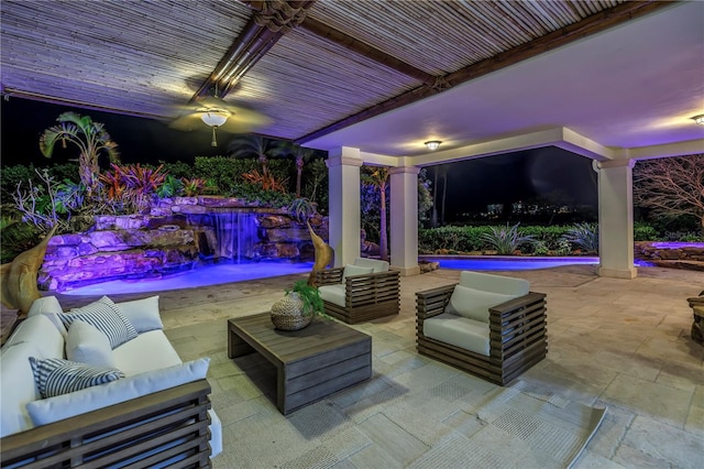3935 N Shell Rd, Sarasota, FL 34242 - patio at twilight with outdoor lounge area, an outdoor pool, and a patio area