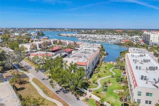 aerial view featuring a water view and a city view