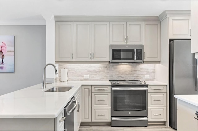 kitchen with a sink, white cabinetry, appliances with stainless steel finishes, light wood finished floors, and tasteful backsplash