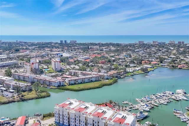 bird's eye view with a water view and a city view