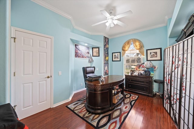 office featuring ornamental molding, ceiling fan, baseboards, and wood finished floors