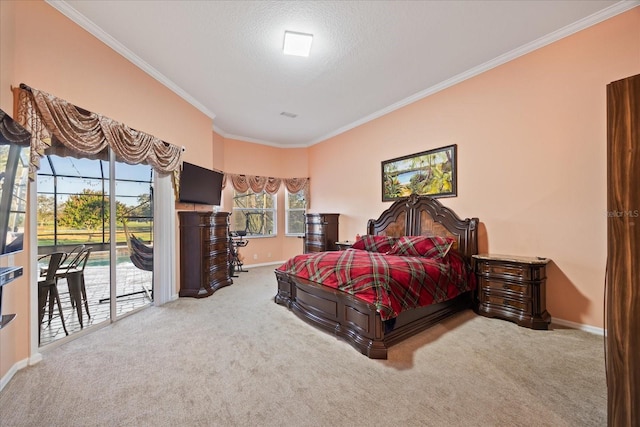 bedroom featuring access to outside, ornamental molding, carpet flooring, and baseboards