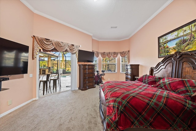 carpeted bedroom with access to exterior, multiple windows, and ornamental molding