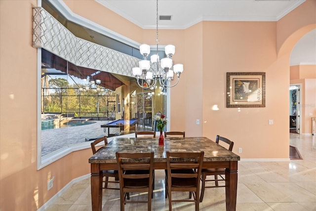 dining area with visible vents, a high ceiling, ornamental molding, a sunroom, and baseboards