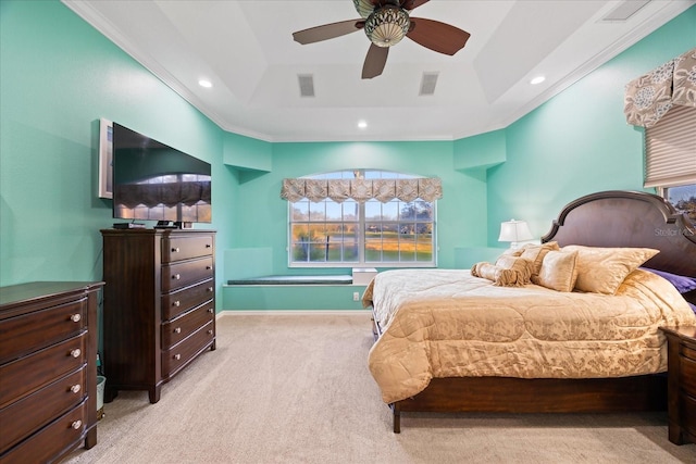 carpeted bedroom with recessed lighting, multiple windows, and visible vents