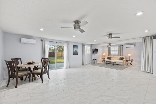 dining space with a ceiling fan, recessed lighting, a wall mounted air conditioner, and a textured ceiling