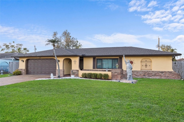 ranch-style house featuring concrete driveway, fence, a front lawn, and stucco siding