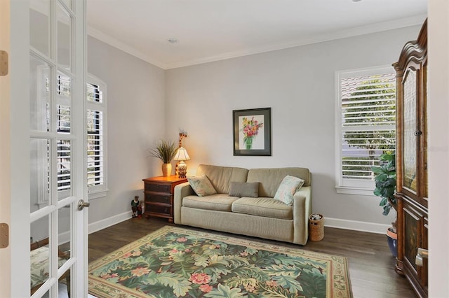 interior space with dark wood-style floors, ornamental molding, and baseboards