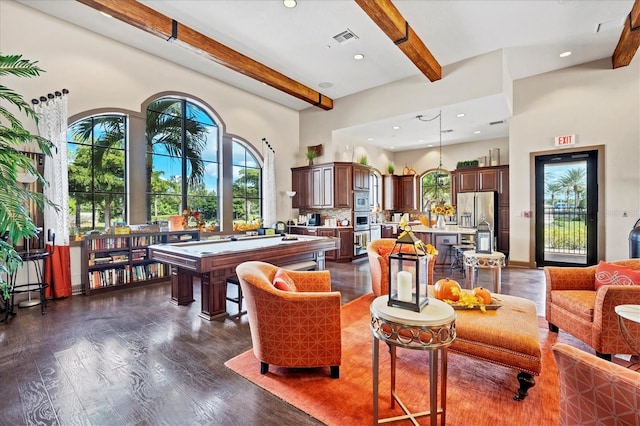 recreation room featuring visible vents, dark wood finished floors, pool table, beam ceiling, and recessed lighting