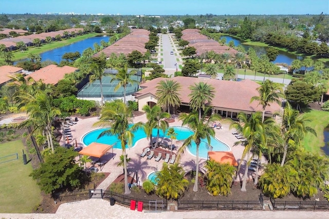 bird's eye view with a water view