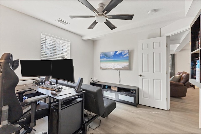 office featuring a ceiling fan, visible vents, and light wood-style floors