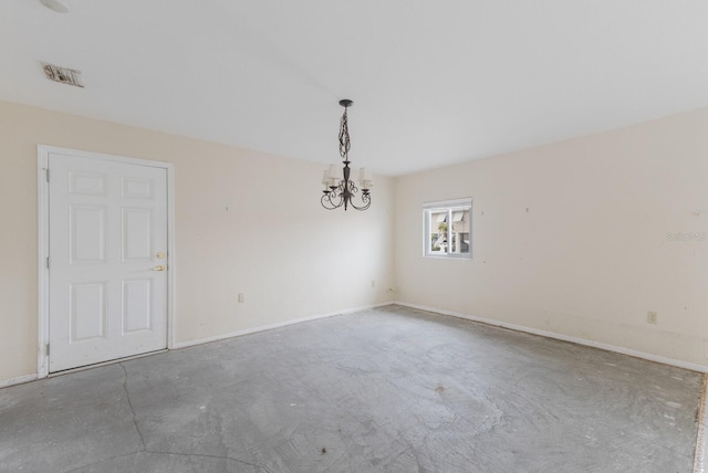 empty room featuring baseboards, unfinished concrete floors, visible vents, and a chandelier