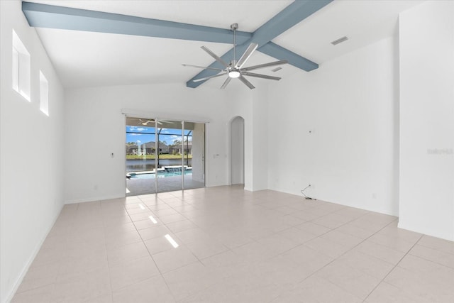 empty room featuring visible vents, light tile patterned floors, beam ceiling, and a ceiling fan