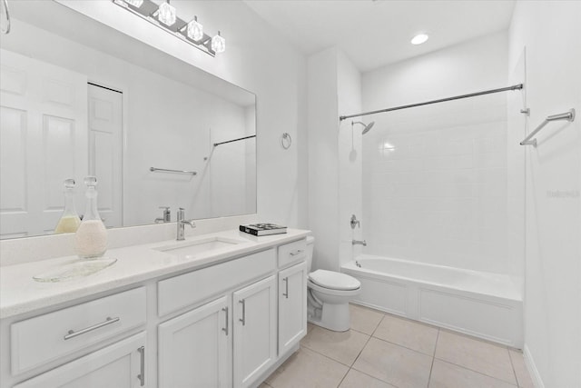 bathroom featuring shower / tub combination, toilet, recessed lighting, vanity, and tile patterned floors