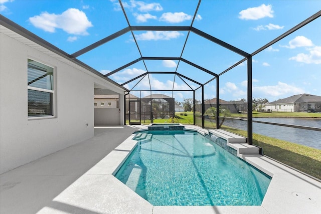 view of pool with a lanai, a water view, a pool with connected hot tub, a residential view, and a patio area