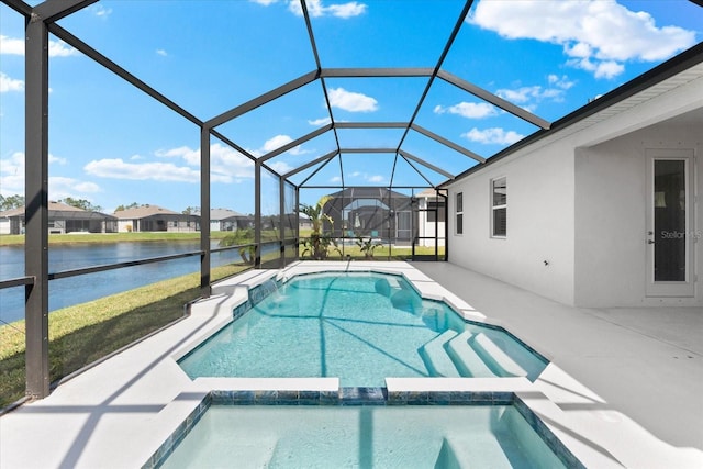 view of swimming pool featuring a patio, a residential view, a water view, a lanai, and a pool with connected hot tub