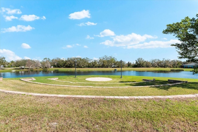 view of community with a water view and a lawn